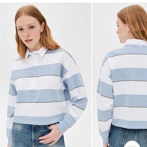 AMO Striped Blue and White Long Sleeve Crop Rugby Shirt